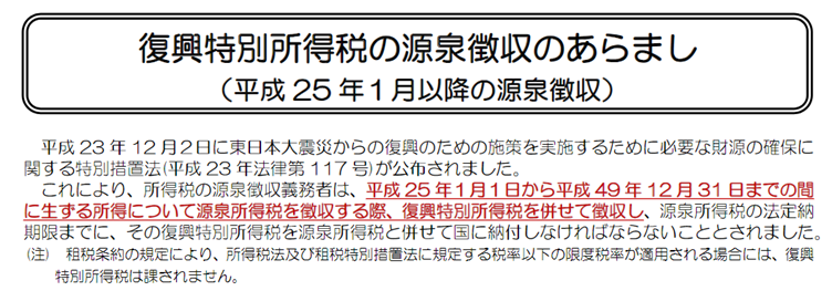 引用：復興特別所得税の源泉徴収のあらまし｜国税庁